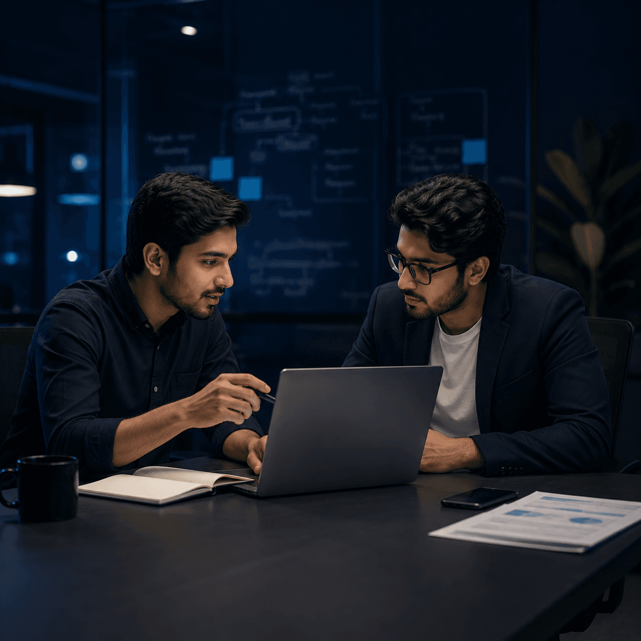 Two professionals reviewing a digital product plan